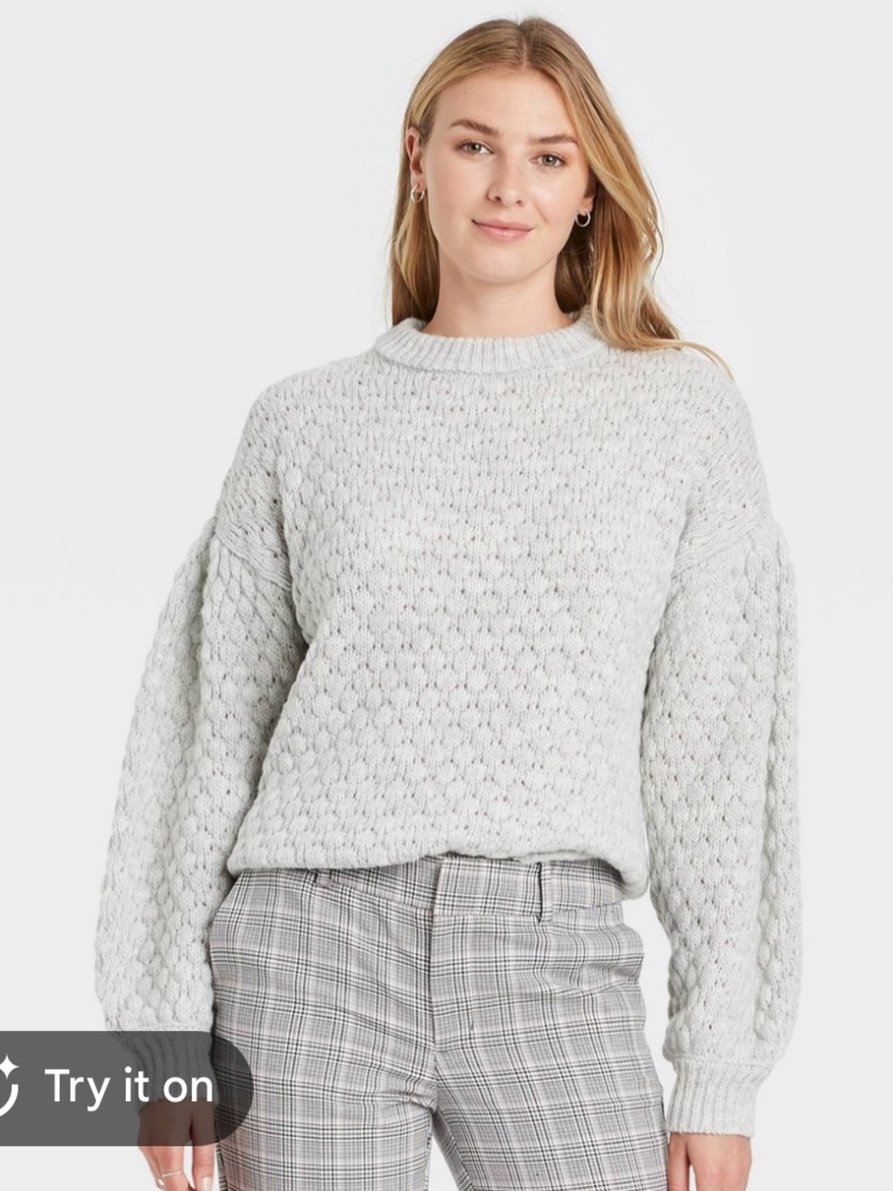 A New Day Pullover Crew Neck Long Puff Sleeve Sweater Light Gray Textured Large